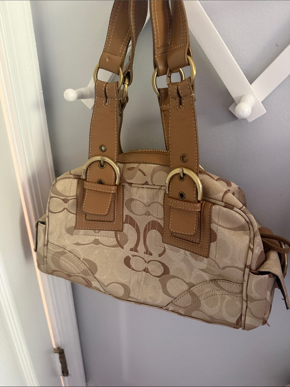 Coach Beige and Tan Signature Canvas Shoulder Bag